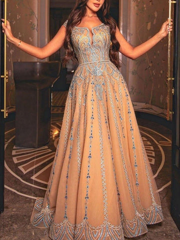 Bohemia Spaghetti-Neck Floral Printed Beaded A-Line Maxi Dresses