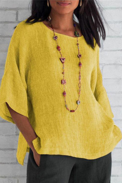 Linen Half Sleeve O Neck Loose Blouse