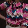 Color block lace-up print top
