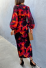 V Neck Puff Sleeve Slit Midi Dress