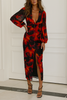 V Neck Puff Sleeve Slit Midi Dress
